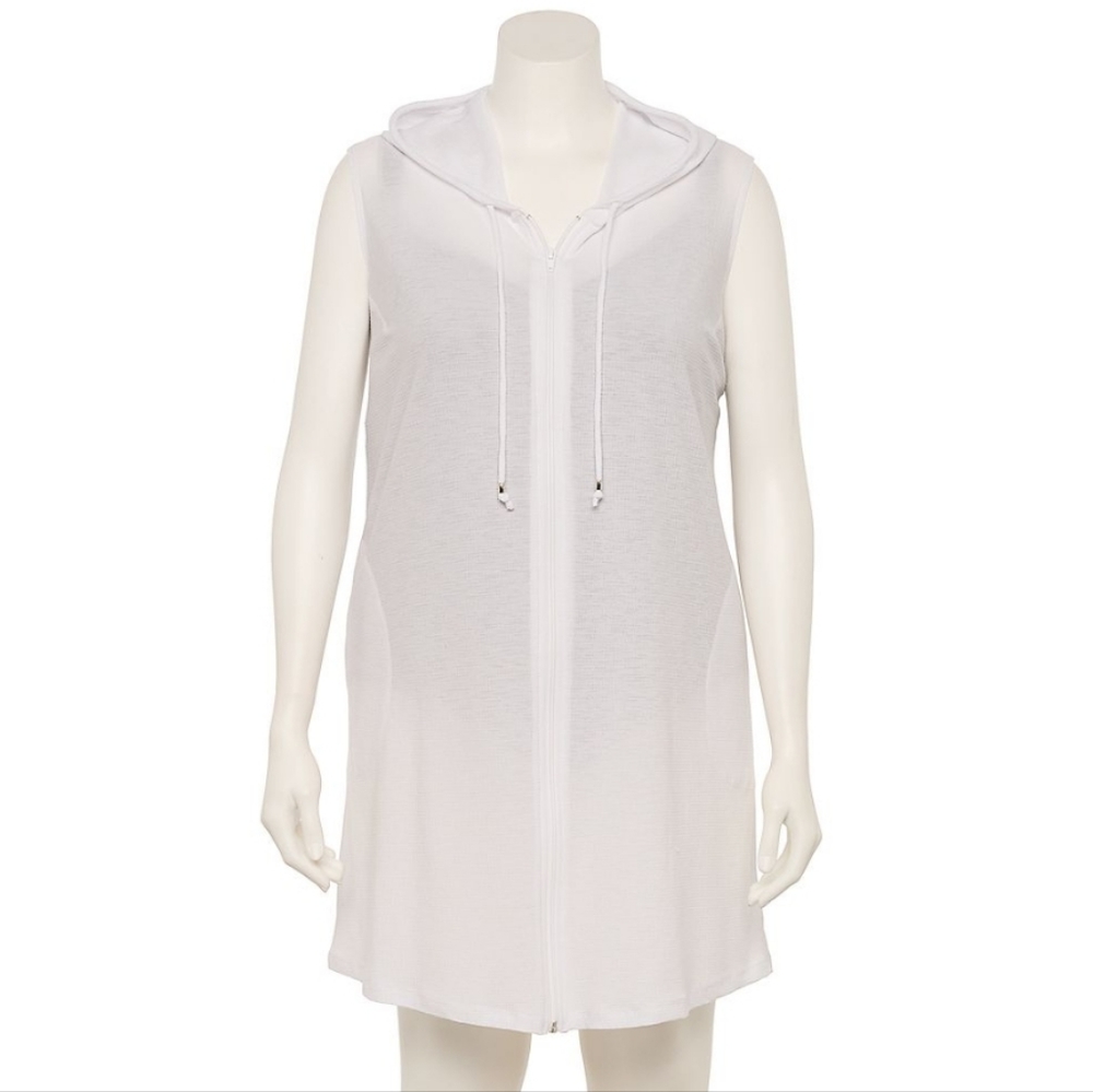 Plus Size 1X Portocruz White Sleeveless Hoodie Swim Cover-Up